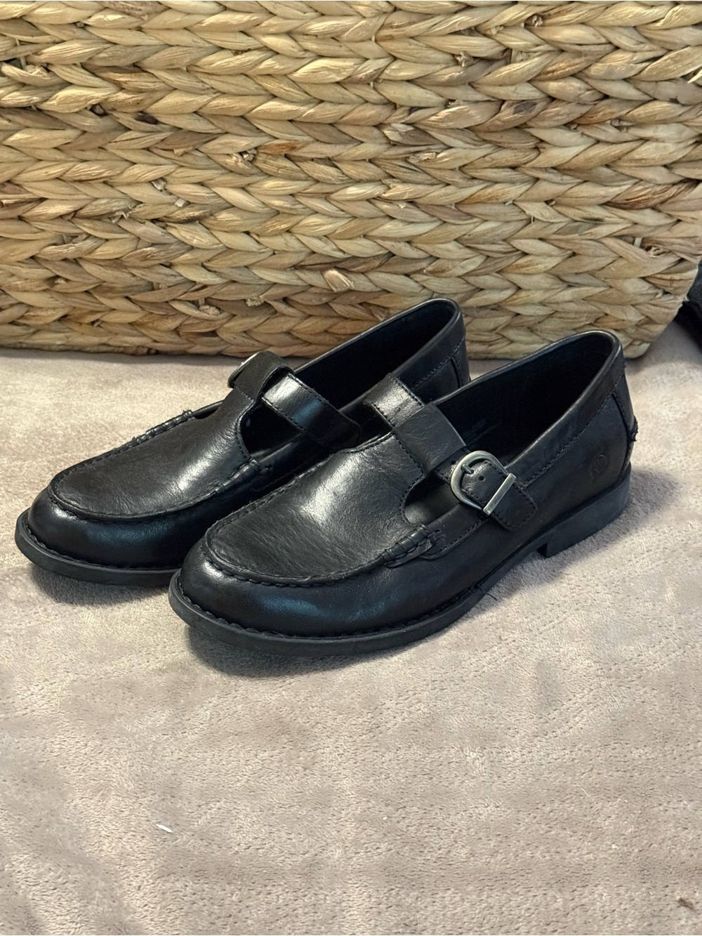 Born Black Leather Buckle Strap Women's Loafers